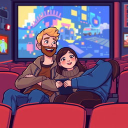 A charming retro pixel art depiction of a couple watching movies at the cinema