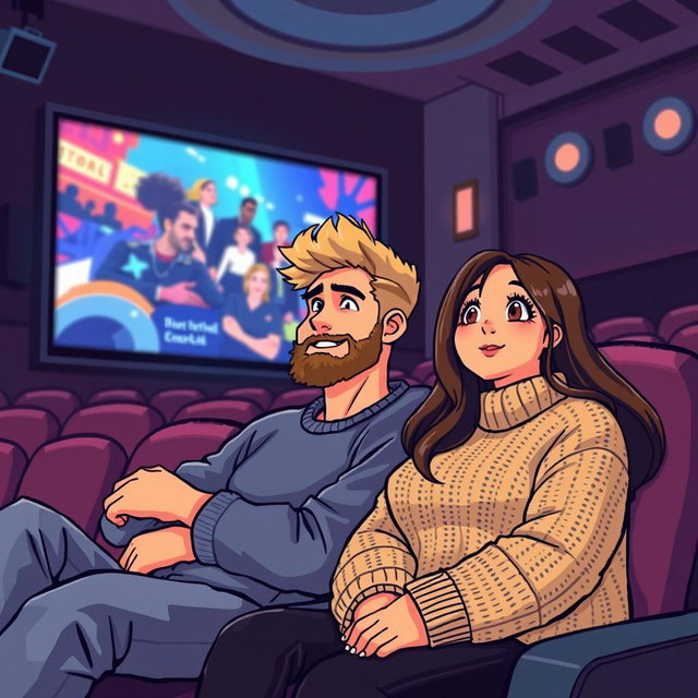 A charming retro pixel art depiction of a couple watching movies at the cinema