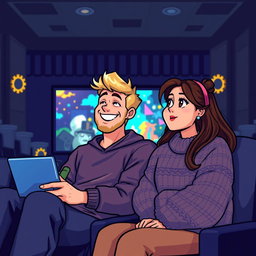 A charming retro pixel art depiction of a couple watching movies at the cinema