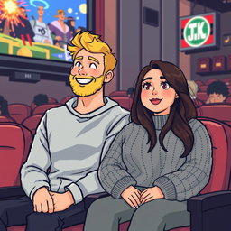 A charming retro pixel art depiction of a couple watching movies at the cinema