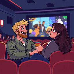 A delightful retro pixel art scene showcasing a couple joyfully watching movies together at the cinema