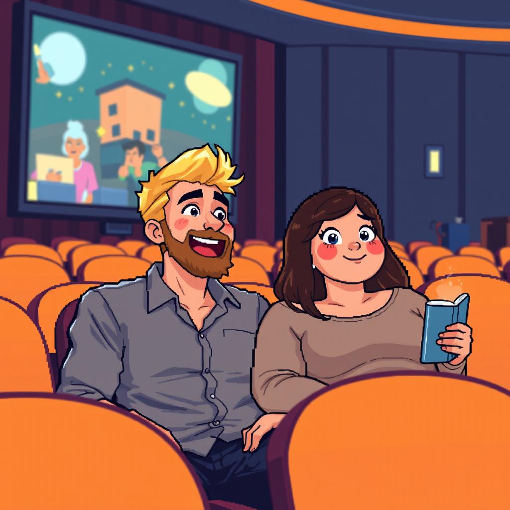 A delightful retro pixel art scene showcasing a couple joyfully watching movies together at the cinema
