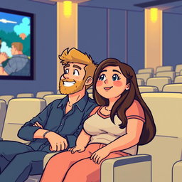 A delightful retro pixel art scene showcasing a couple joyfully watching movies together at the cinema