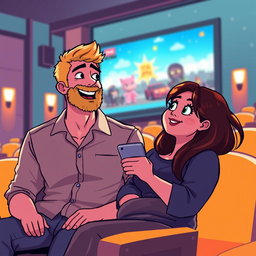 A delightful retro pixel art scene showcasing a couple joyfully watching movies together at the cinema