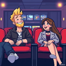 An adorable retro pixel art illustration of a couple sitting in the seats of a cinema