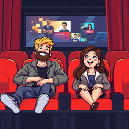 An adorable retro pixel art illustration of a couple sitting in the seats of a cinema