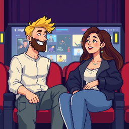 An adorable retro pixel art illustration of a couple sitting in the seats of a cinema