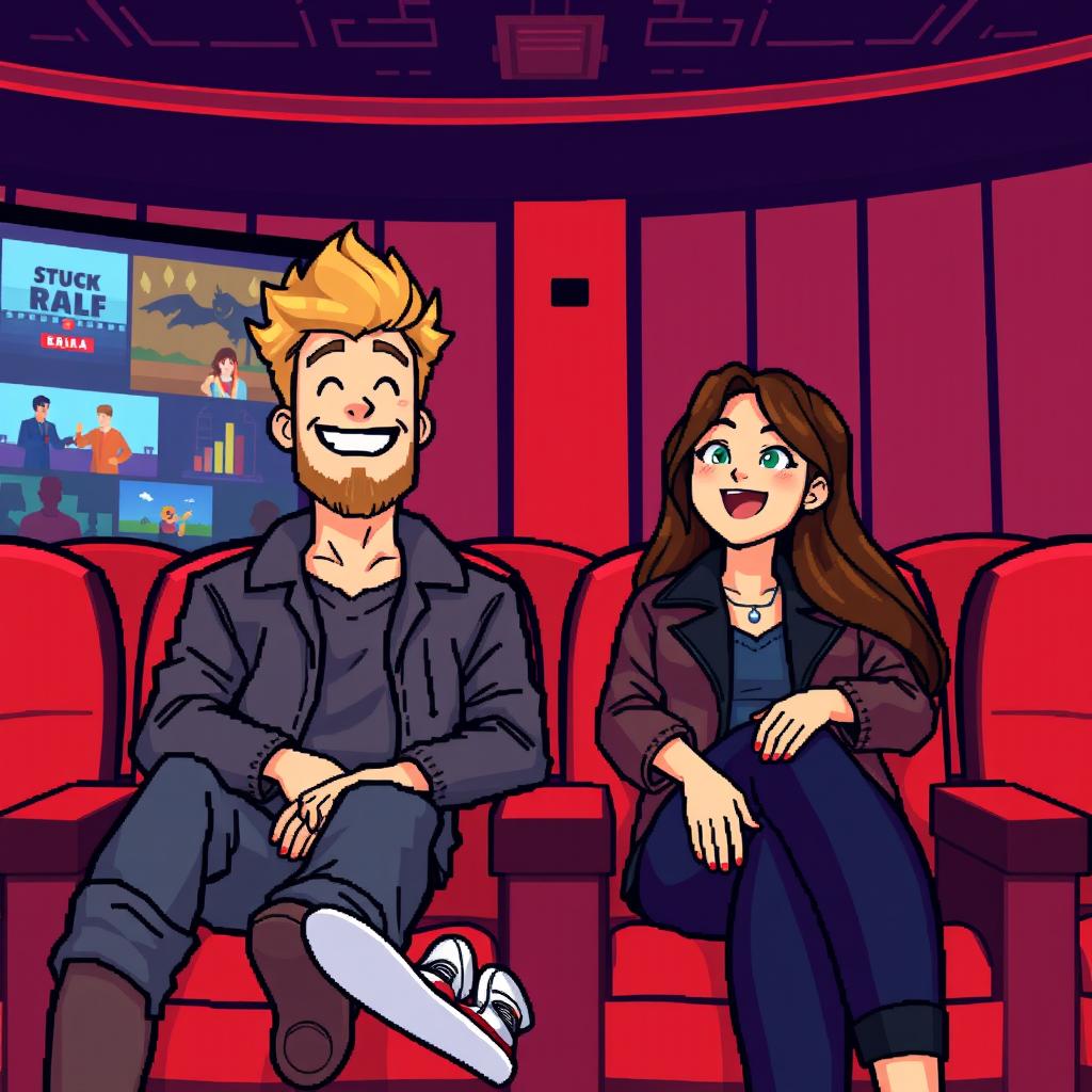An adorable retro pixel art illustration of a couple sitting in the seats of a cinema
