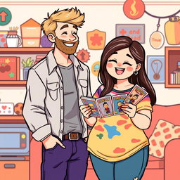 A whimsical retro pixel art illustration of a couple enjoying a playful moment together