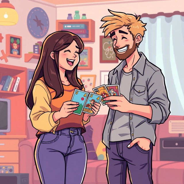 A whimsical retro pixel art illustration of a couple enjoying a playful moment together