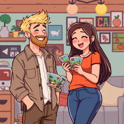 A whimsical retro pixel art illustration of a couple enjoying a playful moment together