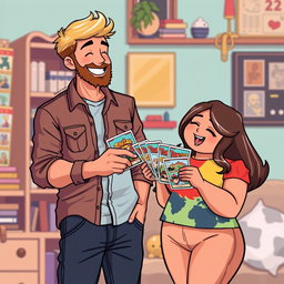 A whimsical retro pixel art illustration of a couple enjoying a playful moment together