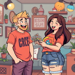 A charming retro pixel art scene of a couple sharing a joyful moment