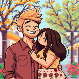 A delightful retro pixel art scene of a couple sharing a sweet moment