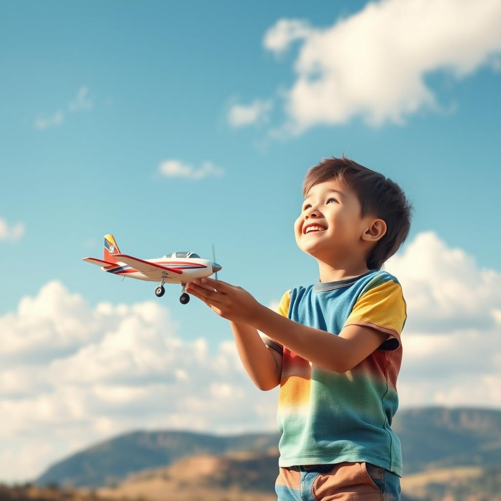 A young boy holding a toy airplane in his hand, looking dreamily into the sky as he imagines himself as a pilot