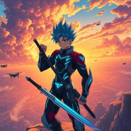 A vibrant anime scene featuring a heroic male character with spiky blue hair, wearing a futuristic battle suit adorned with glowing patterns
