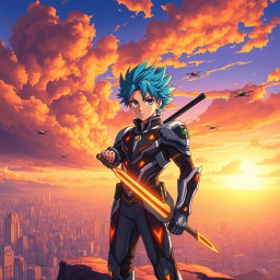 A vibrant anime scene featuring a heroic male character with spiky blue hair, wearing a futuristic battle suit adorned with glowing patterns