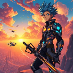 A vibrant anime scene featuring a heroic male character with spiky blue hair, wearing a futuristic battle suit adorned with glowing patterns