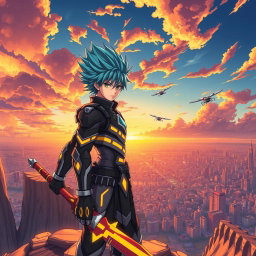 A vibrant anime scene featuring a heroic male character with spiky blue hair, wearing a futuristic battle suit adorned with glowing patterns