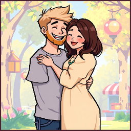 A heartwarming retro pixel art scene featuring a couple embracing affectionately