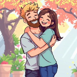 A heartwarming retro pixel art scene featuring a couple embracing affectionately