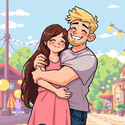 A heartwarming retro pixel art scene featuring a couple embracing affectionately