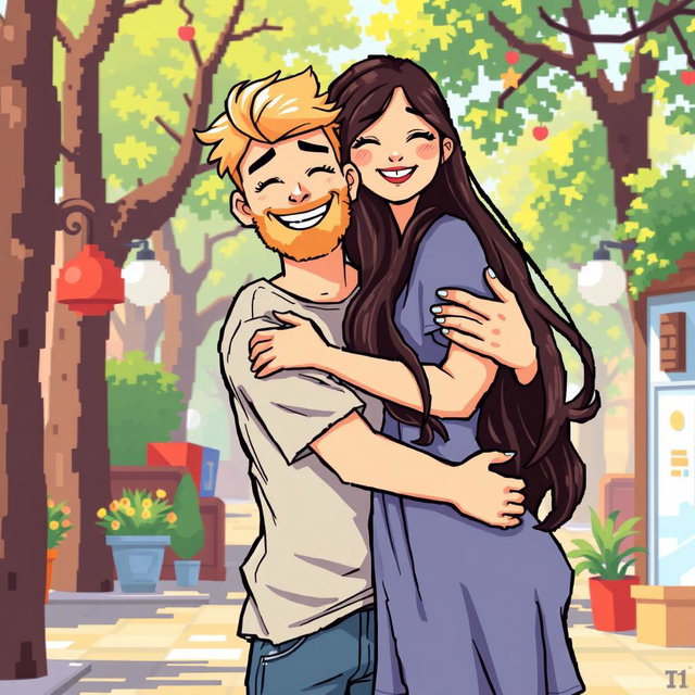 A heartwarming retro pixel art scene featuring a couple embracing affectionately
