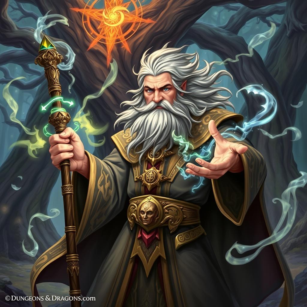 A powerful wizard in a vibrant fantasy setting, casting a magnificent spell