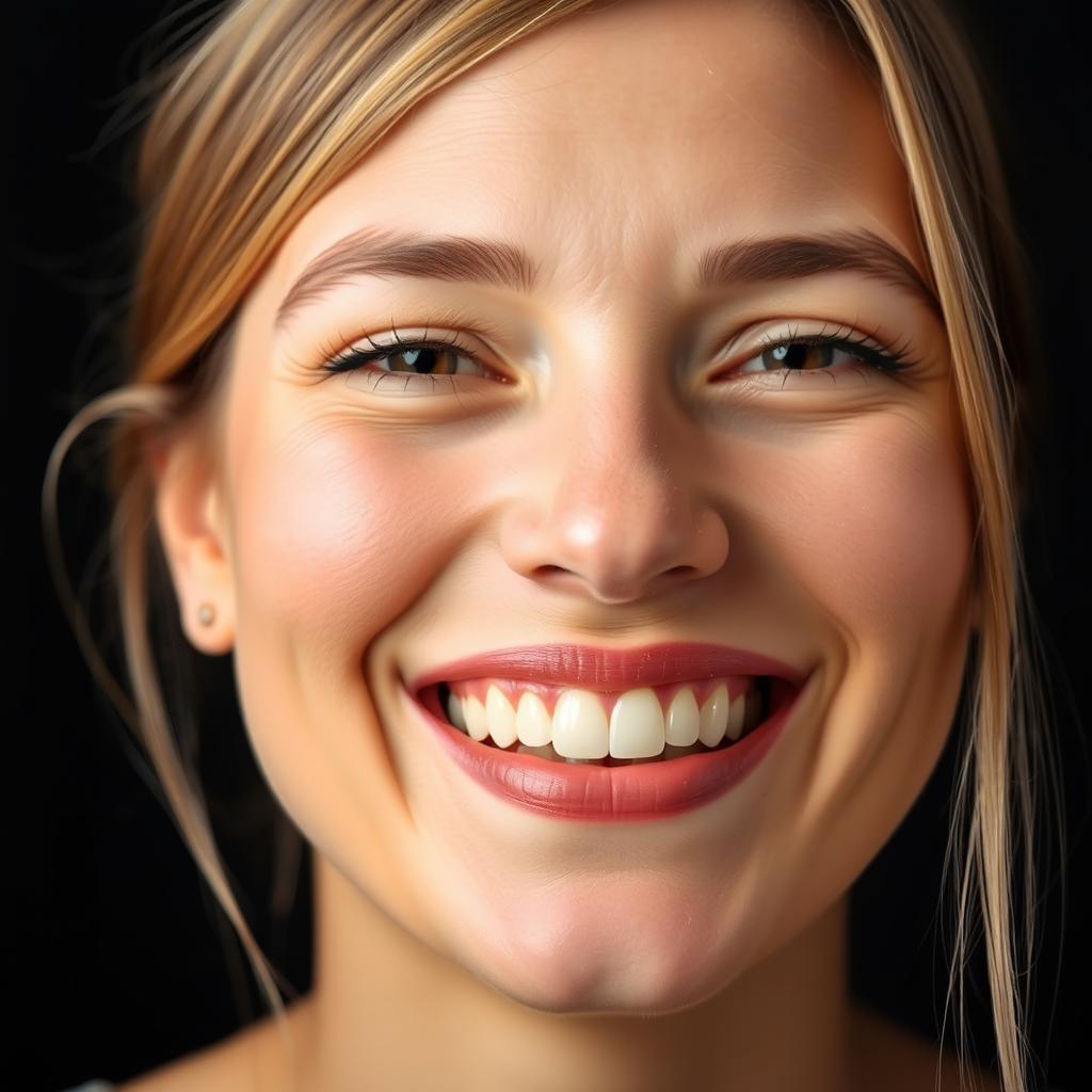 A close-up portrait of a lady smiling brightly, displaying her teeth, with an emphasis on her nose and the upper half of her face