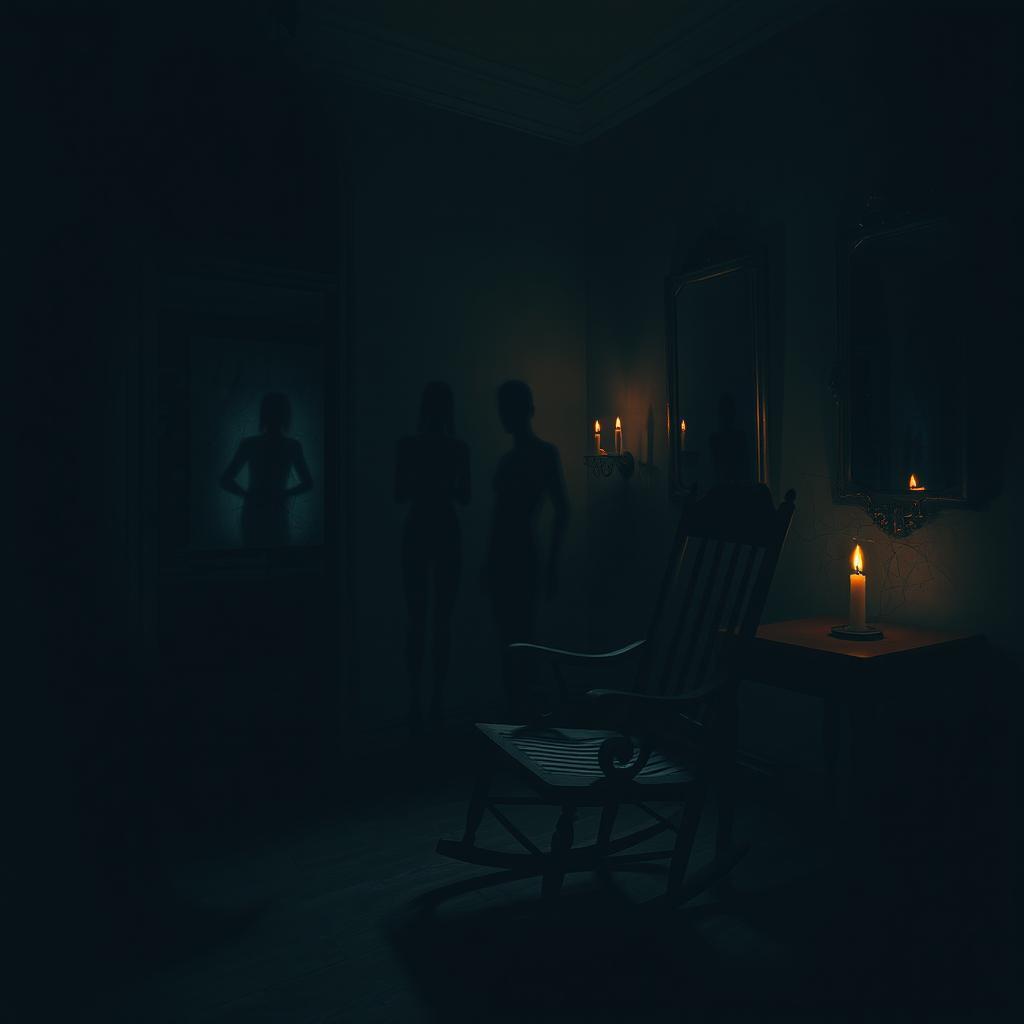 A dimly lit, eerie room filled with unsettling shadows and distorted reflections in cracked mirrors, suggesting a psychological horror theme