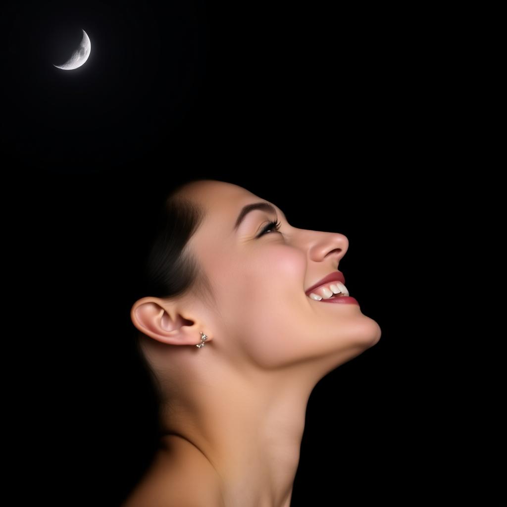 A side view of a woman smiling, showcasing her teeth, nose, and upper head, capturing half of her face in a delicate manner
