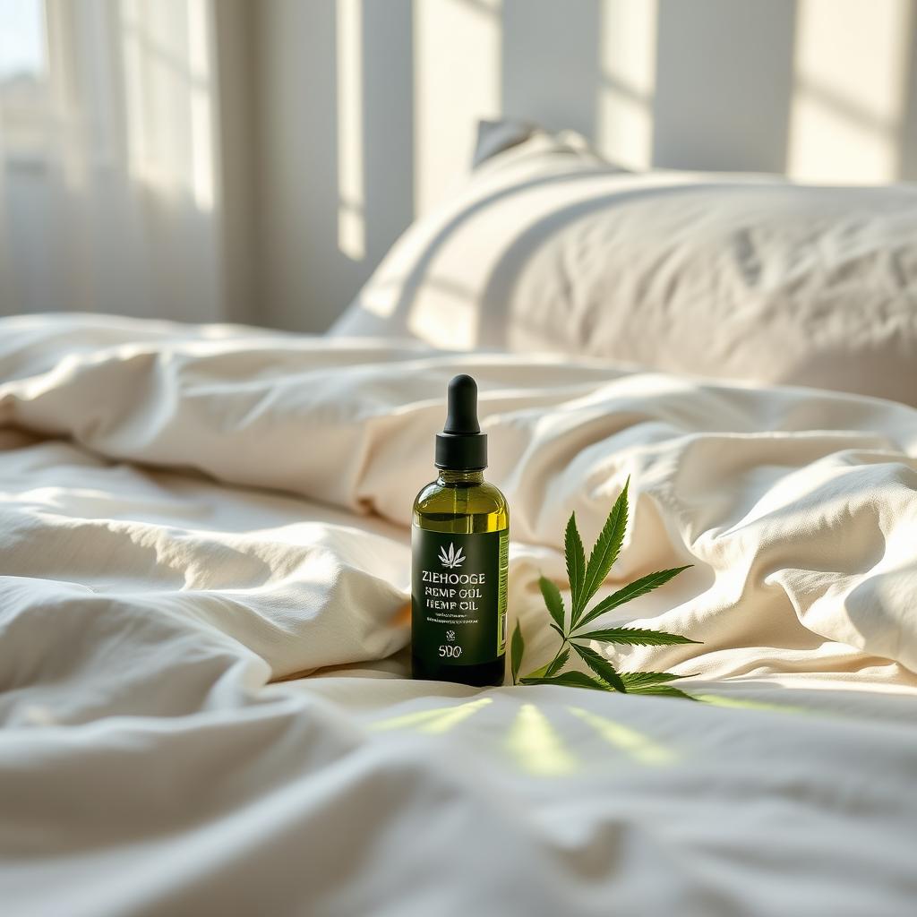 A beautifully arranged bottle of Ziehooge pure organic hemp oil placed elegantly on a neatly made bed