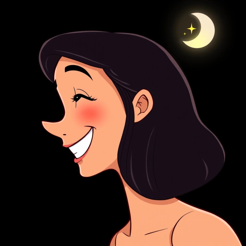 A side view of an animated lady smiling brightly, showcasing her teeth and well-defined nose, with a focus on her upper head and half face