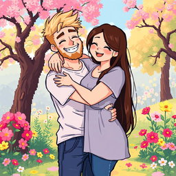 A sweet retro pixel art scene depicting a delightful couple embracing