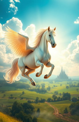 A majestic winged horse, known as a Pankhiraj, soaring gracefully through a vibrant sky filled with fluffy clouds and bright sunlight