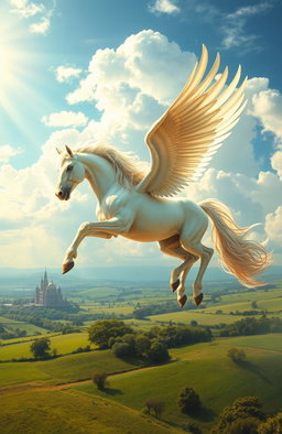 A majestic winged horse, known as a Pankhiraj, soaring gracefully through a vibrant sky filled with fluffy clouds and bright sunlight