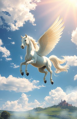 A majestic winged horse, known as a Pankhiraj, soaring gracefully through a vibrant sky filled with fluffy clouds and bright sunlight