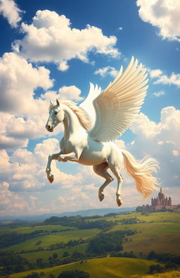 A majestic winged horse, known as a Pankhiraj, soaring gracefully through a vibrant sky filled with fluffy clouds and bright sunlight