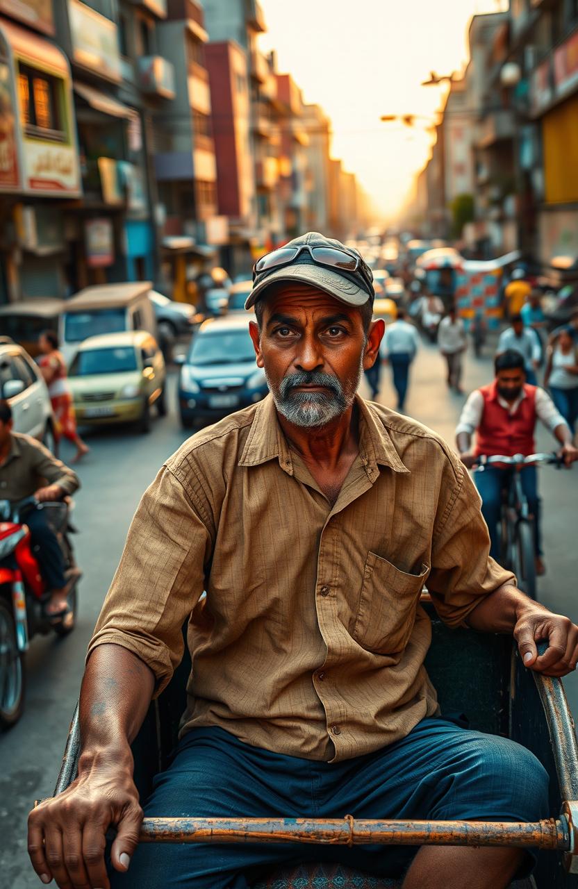 A rickshaw driver navigating through a bustling city street, showcasing the daily challenges of his tough life