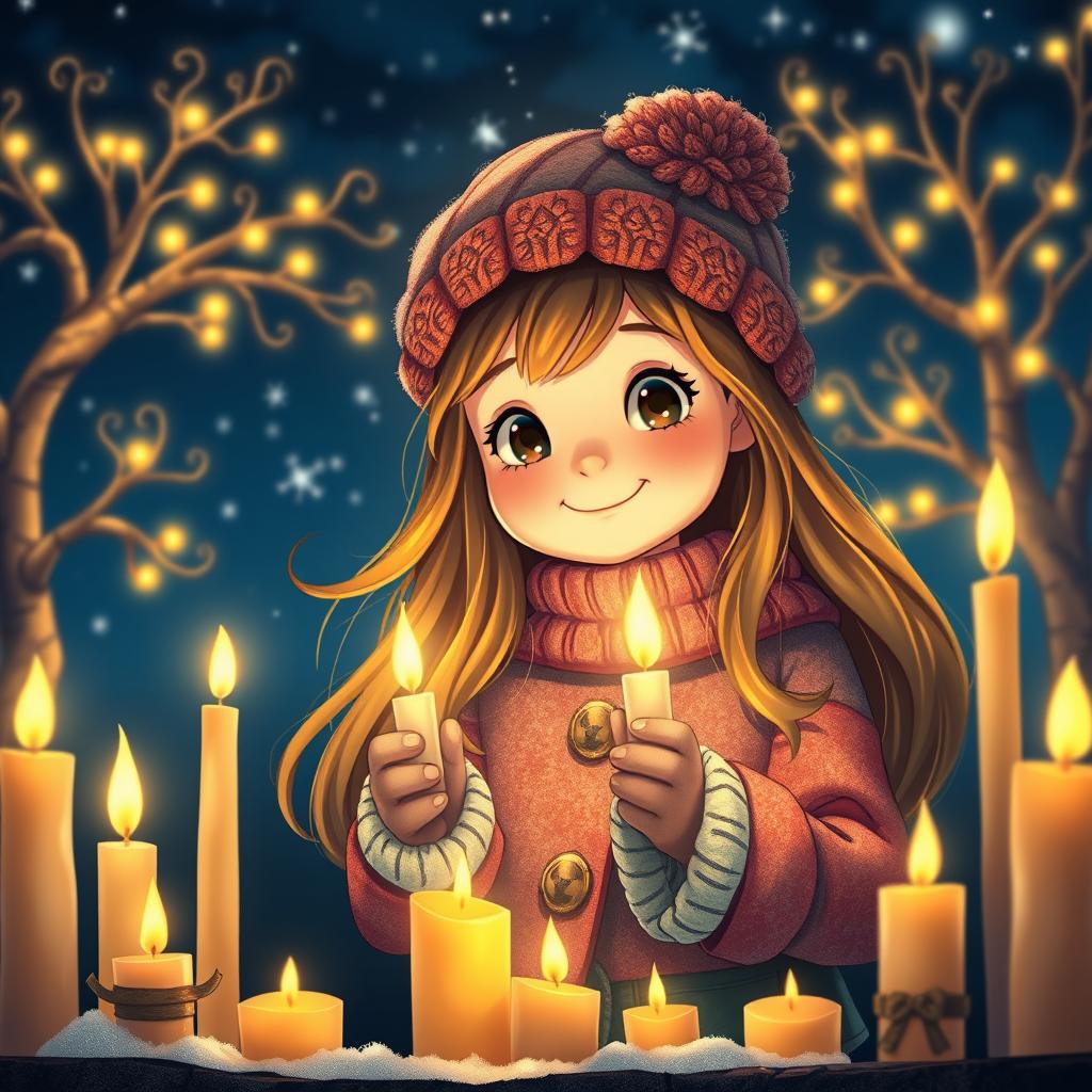 A beautiful and enchanting scene of a little girl selling candles on a dark, starry night