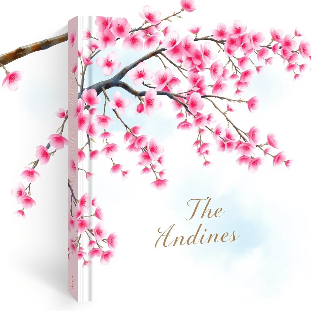 A beautiful book cover design featuring a cherry blossom tree in full bloom, illustrated in a vibrant watercolor style