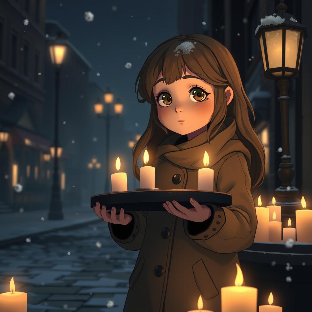 A poignant scene of a young girl selling candles on a dark night, capturing her innocent spirit amidst a serene yet somber atmosphere