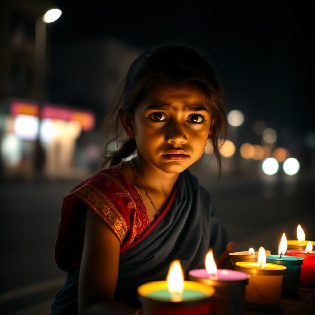 A poignant scene featuring a young Indian girl with sad eyes, sitting alone on the streets at night