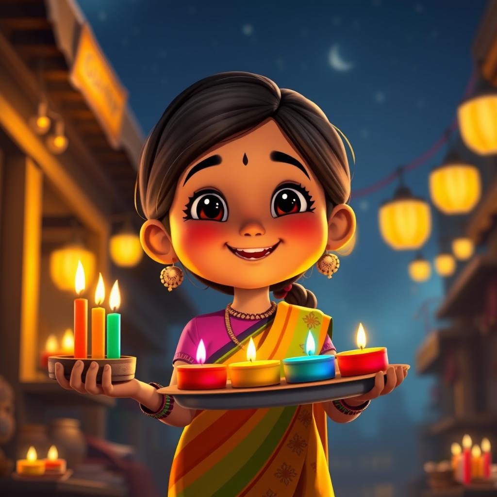 A cute, happy Indian little girl selling colorful candles at night