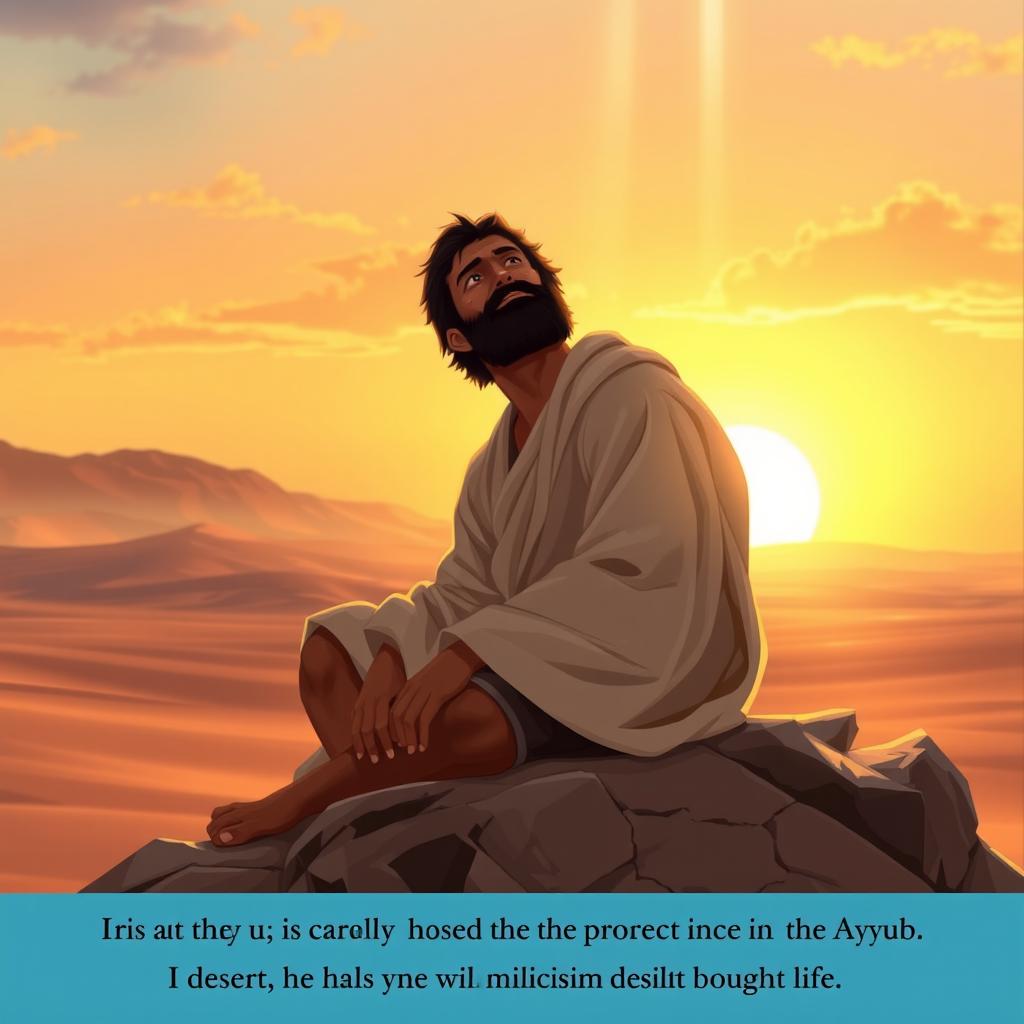 A serene and contemplative scene depicting a patient Job (Ayyub) in a tranquil desert landscape, embodying suffering yet radiating hope and resilience