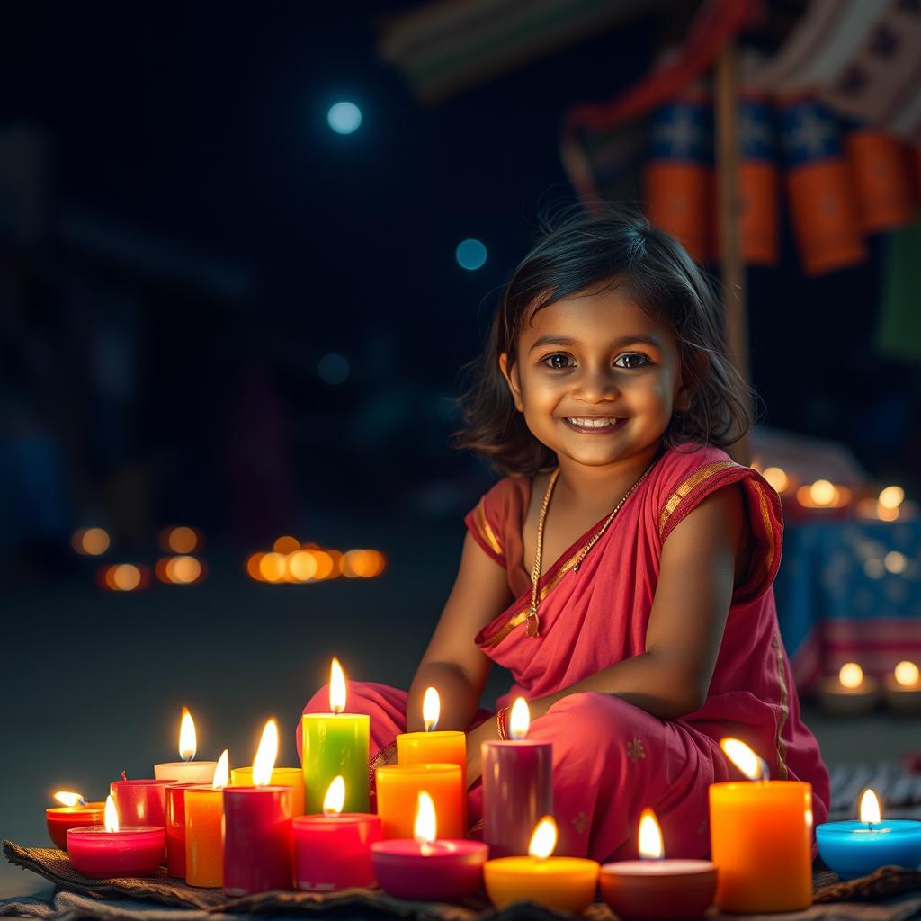 A poor yet happy and cute Indian little girl selling colorful candles on a dark night
