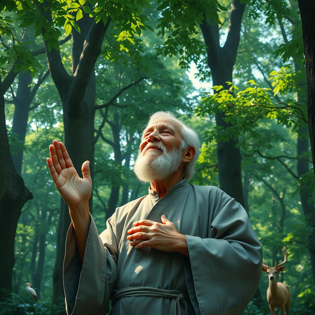 An elderly man with a wise and serene expression, peacefully praying in a lush, vibrant forest
