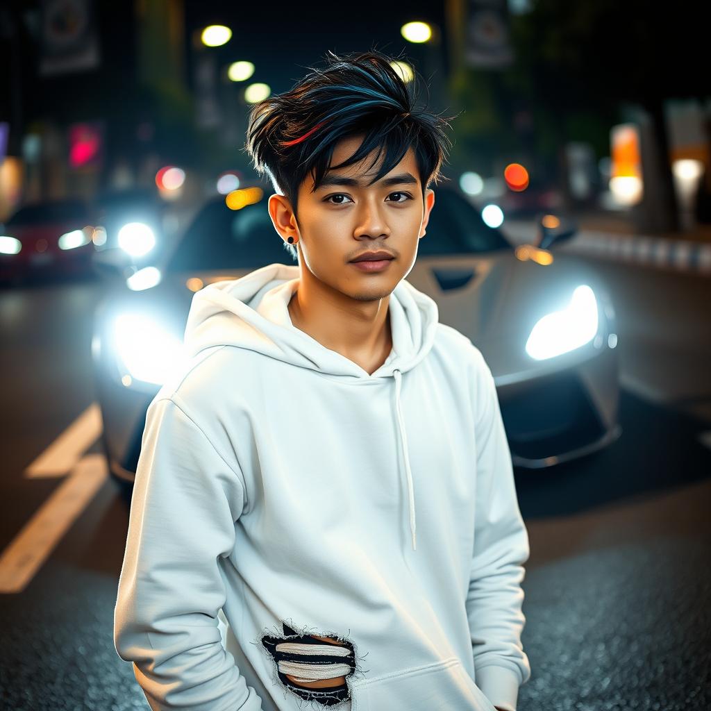 A realistic photo of a handsome young Indonesian man standing on a busy city street at night