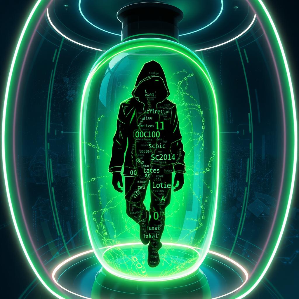 An anime style image depicting a mysterious shadowy figure floating inside a futuristic glass tube