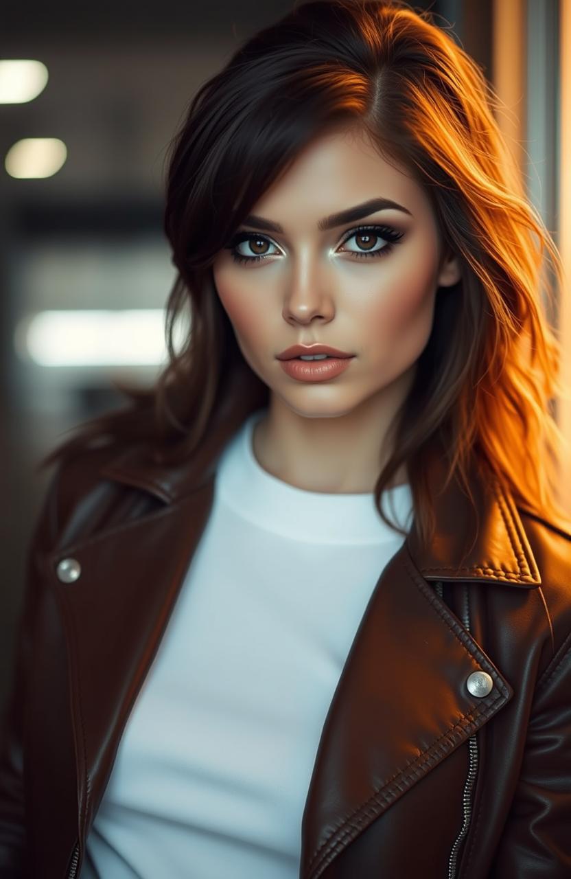 A hot lesbian woman with a beautifully handsome face, wearing a stylish leder jacket